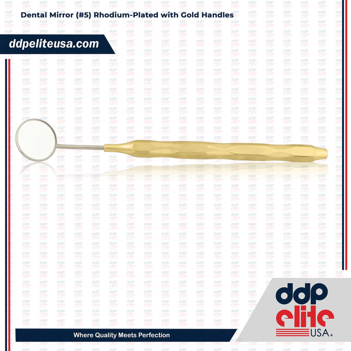 Dental Mirror Set of 5 (#5) Rhodium-Plated with Gold Handles by Ddp Elite USA