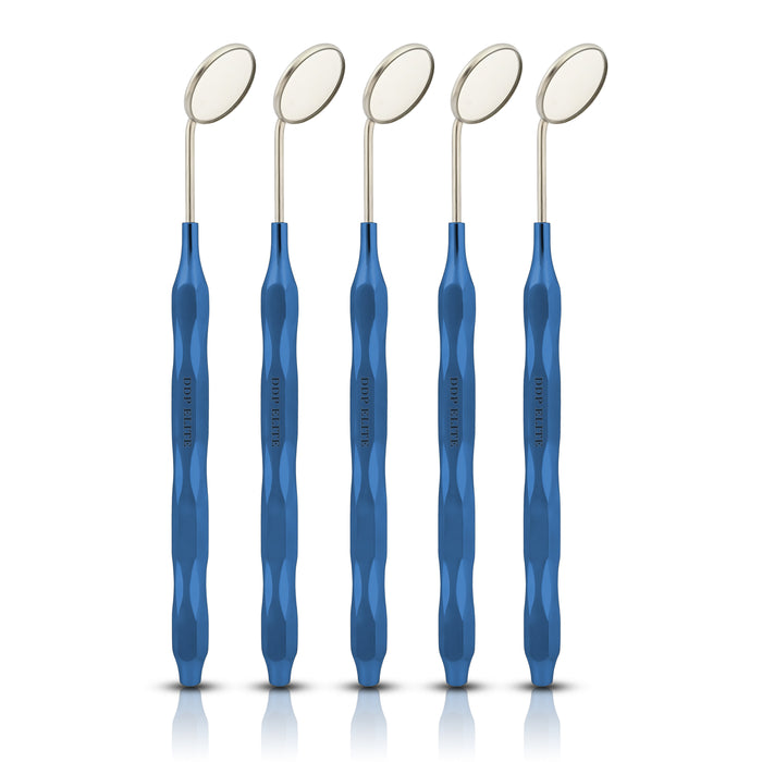 Dental Mirror Stainless Steel with Blue Plasma Handle, Set of 5 Dental Mirrors Front Surface Rhodium Plasma Coated Cone Socket Threading by Ddp Elite USA