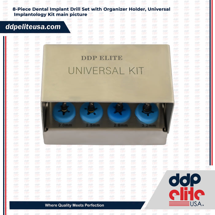 8-Piece Dental Implant Drill Set with Organizer Holder, Universal Implantology Kit