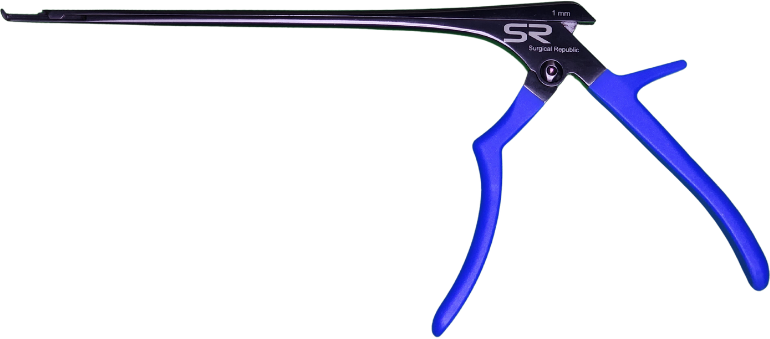 Slick Grip Kerrison, small handle, 7" shaft length, jaw width 4mm, thin footplate, top ejector, 40°, upbiting, black coated