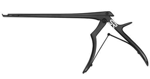 Spurling-Kerrison, small handle, 8" shaft length, jaw width 0.8mm, thin footplate, top ejector, 40°, upbiting, black coated