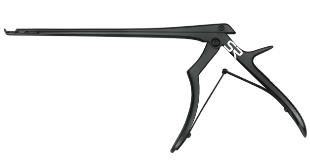 Spurling-Kerrison, small handle, 9" shaft length, jaw width 0.8mm, thin footplate, top ejector, 40°, upbiting, black coated