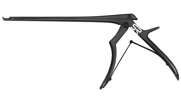Spurling-Kerrison, small handle, 7" shaft length, jaw width 5mm, thin footplate, top ejector, 40°, upbiting, black coated