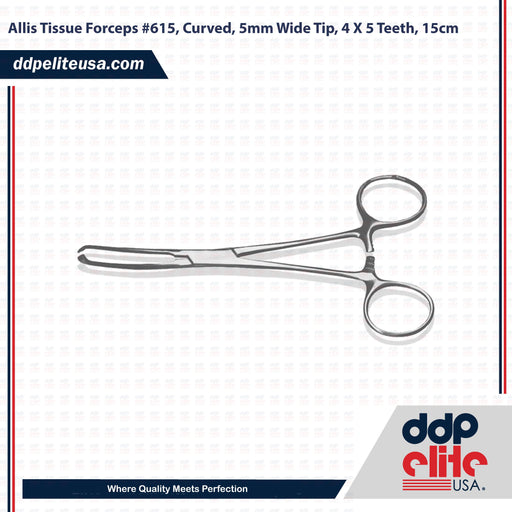 Allis Tissue Forceps #615, Curved, 5mm Wide Tip, 4 X 5 Teeth, 15cm - ddpeliteusa