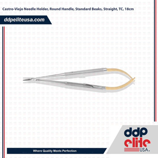 Castro-Viejo Needle Holder, Round Handle, Standard Beaks, Straight, TC, 18cm - ddpeliteusa